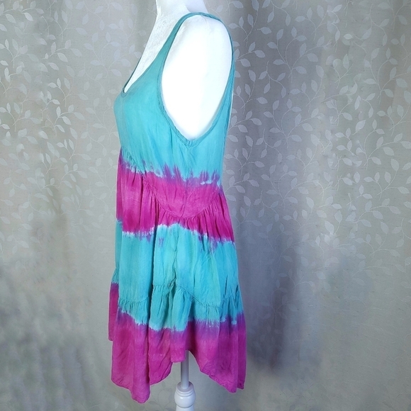 Blu Moon Revolve Tie Dye Mini Dress XS Teal Magenta Rayon Boho Festival - Picture 8 of 14